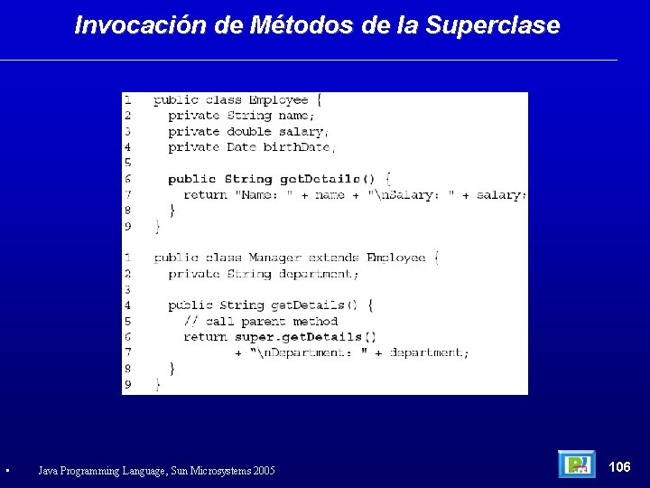 Invocación de Métodos de la Superclase • Java Programming Language, Sun Microsystems 2005 106