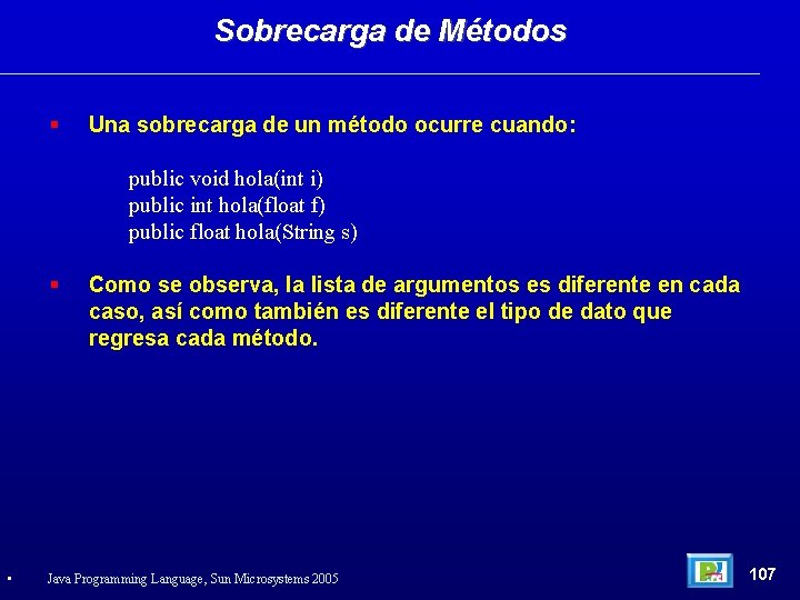 Sobrecarga de Métodos Una sobrecarga de un método ocurre cuando: public void hola(int i)