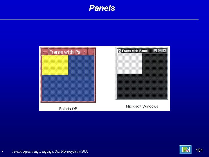 Panels • Java Programming Language, Sun Microsystems 2005 131 