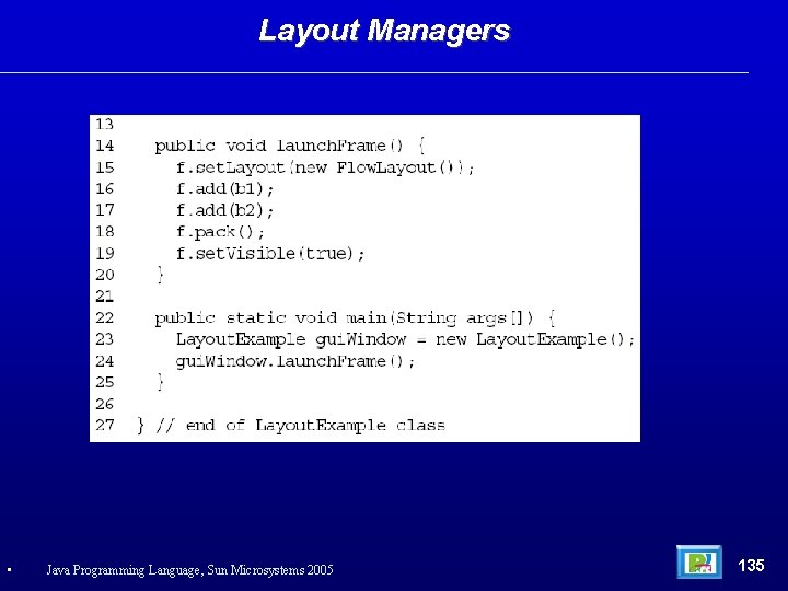 Layout Managers • Java Programming Language, Sun Microsystems 2005 135 