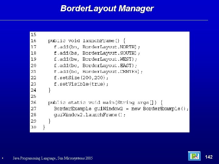 Border. Layout Manager • Java Programming Language, Sun Microsystems 2005 142 