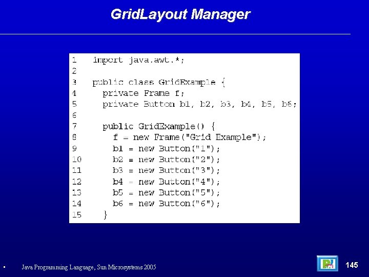 Grid. Layout Manager • Java Programming Language, Sun Microsystems 2005 145 