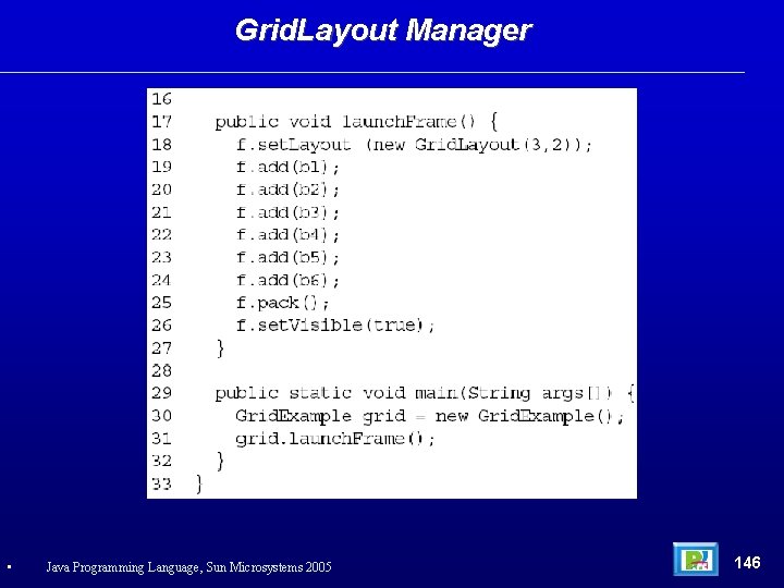 Grid. Layout Manager • Java Programming Language, Sun Microsystems 2005 146 