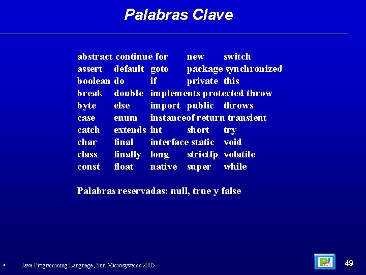 Palabras Clave abstract continue for new switch assert default goto package synchronized boolean do