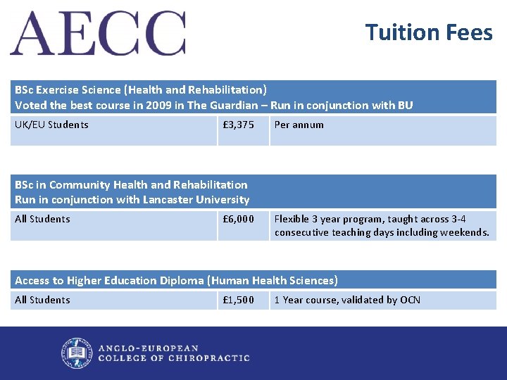 Tuition Fees BSc Exercise Science (Health and Rehabilitation) Voted the best course in 2009