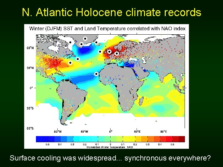 N. Atlantic Holocene climate records Surface cooling was widespread. . . synchronous everywhere? 