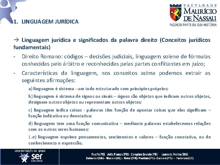 1. LINGUAGEM JURÍDICA Linguagem jurídica e significados da palavra direito (Conceitos jurídicos fundamentais) -