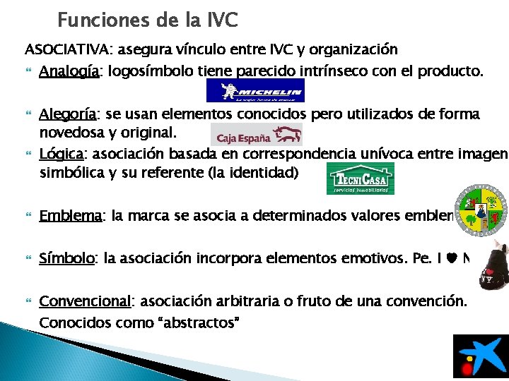Funciones de la IVC ASOCIATIVA: asegura vínculo entre IVC y organización Analogía: logosímbolo tiene