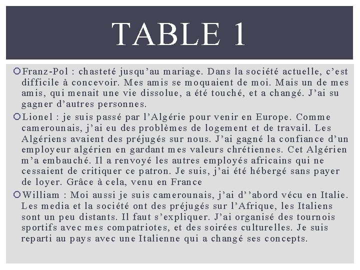 TABLE 1 Franz-Pol : chasteté jusqu’au mariage. Dans la société actuelle, c’est difficile à