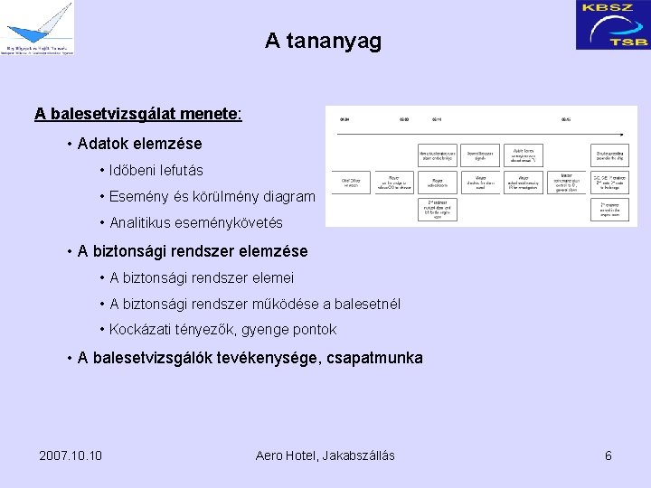 A tananyag A balesetvizsgálat menete: • Adatok elemzése • Időbeni lefutás • Esemény és