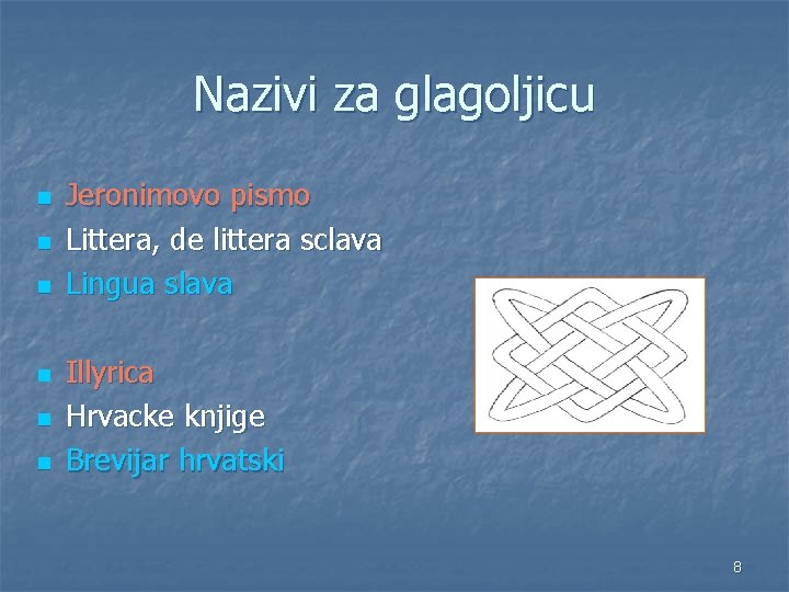 Nazivi za glagoljicu n n n Jeronimovo pismo Littera, de littera sclava Lingua slava Nazivi za glagoljicu n n n Jeronimovo pismo Littera, de littera sclava Lingua slava