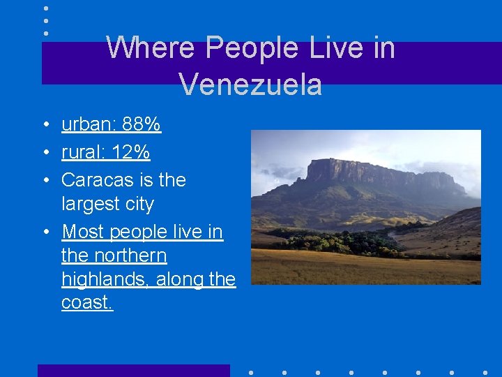Where People Live in Venezuela • urban: 88% • rural: 12% • Caracas is