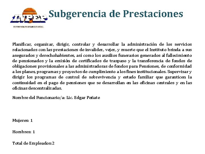 Subgerencia de Prestaciones Planificar, organizar, dirigir, controlar y desarrollar la administración de los servicios