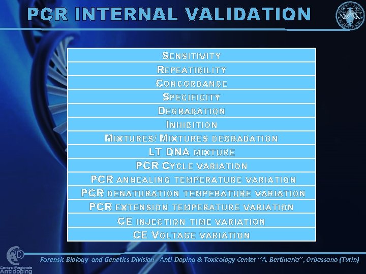 PCR INTERNAL VALIDATION SENSITIVITY REPEATIBILITY CONCORDANCE SPECIFICITY DEGRADATION INHIBITION MIXTURES/ MIXTURES DEGRADATION LT DNA