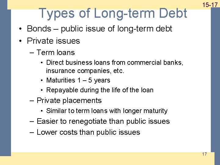 Types of Long-term Debt 1 -17 15 -17 • Bonds – public issue of