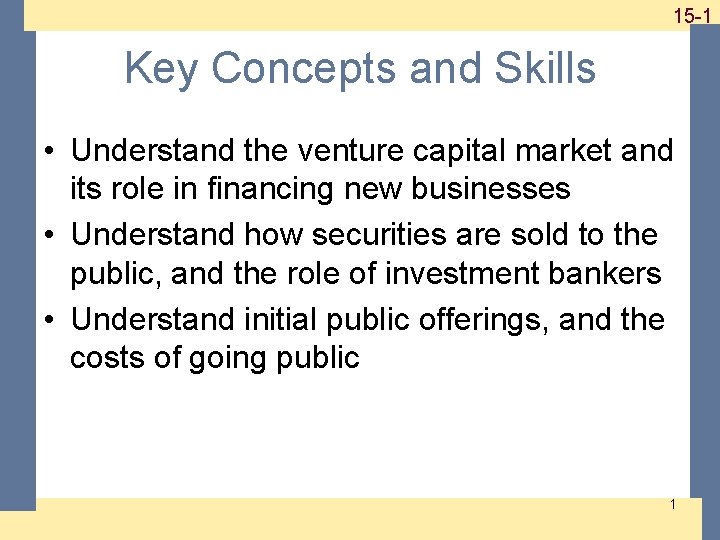 1 -115 -1 Key Concepts and Skills • Understand the venture capital market and