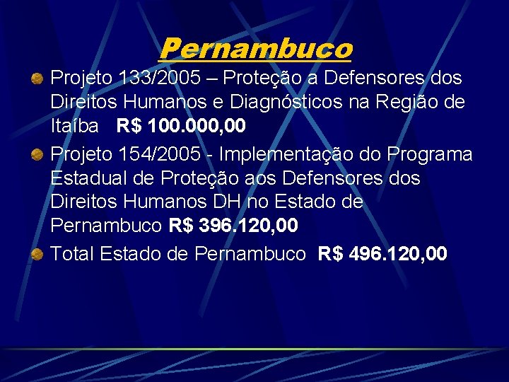 Pernambuco Projeto 133/2005 – Proteção a Defensores dos Direitos Humanos e Diagnósticos na Região