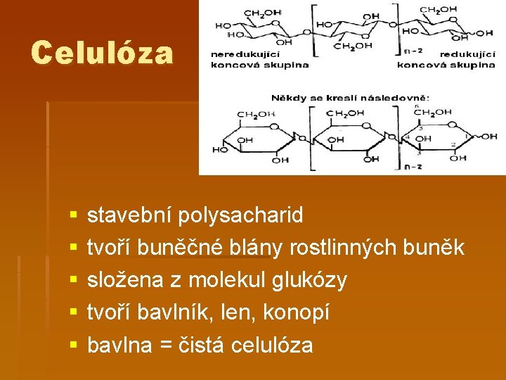 Celulóza § § § stavební polysacharid tvoří buněčné blány rostlinných buněk složena z molekul