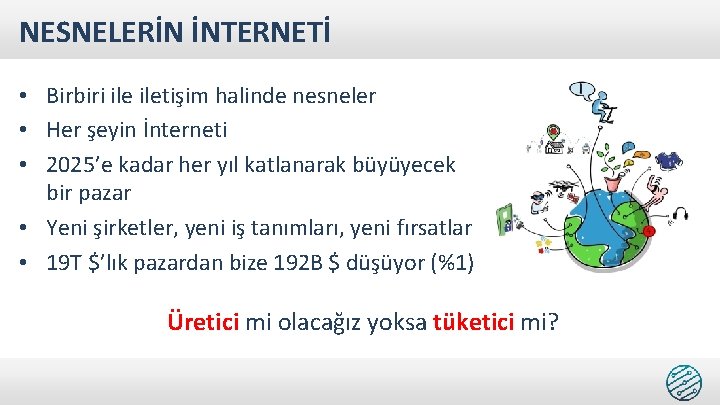 NESNELERİN İNTERNETİ • Birbiri iletişim halinde nesneler • Her şeyin İnterneti • 2025’e kadar