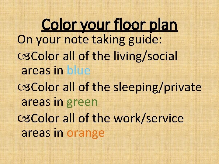 Color your floor plan On your note taking guide: Color all of the living/social
