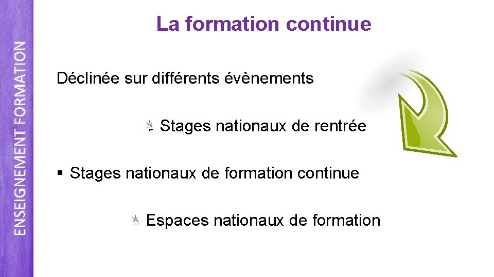 ENSEIGNEMENT FORMATION La formation continue Déclinée sur différents évènements Stages nationaux de rentrée §