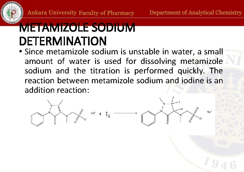 METAMIZOLE SODIUM DETERMINATION • Since metamizole sodium is unstable in water, a small amount