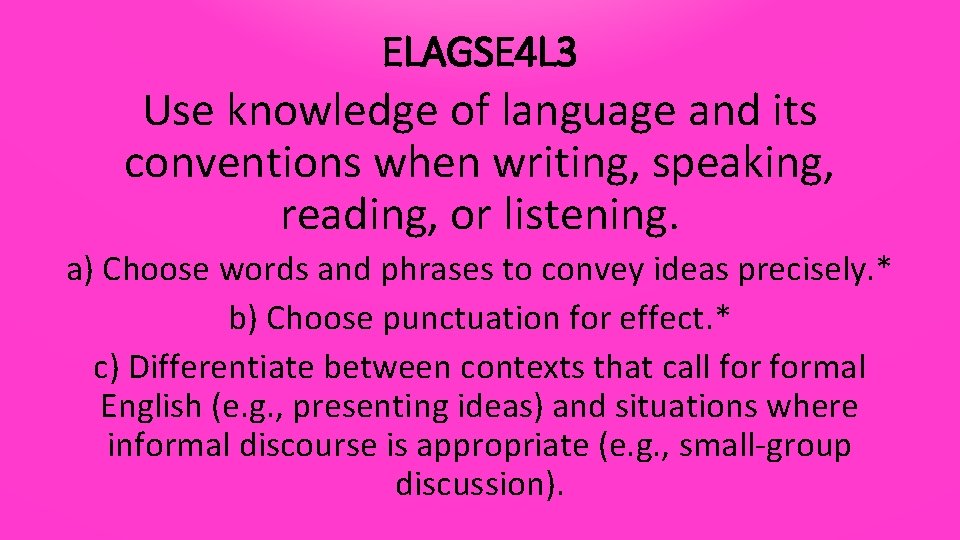 ELAGSE 4 L 3 Use knowledge of language and its conventions when writing, speaking,