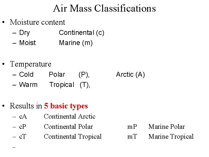 Air Mass Classifications • Moisture content – Dry – Moist Continental (c) Marine (m)