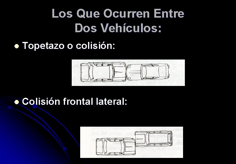 Los Que Ocurren Entre Dos Vehículos: l Topetazo o colisión: l Colisión frontal lateral: