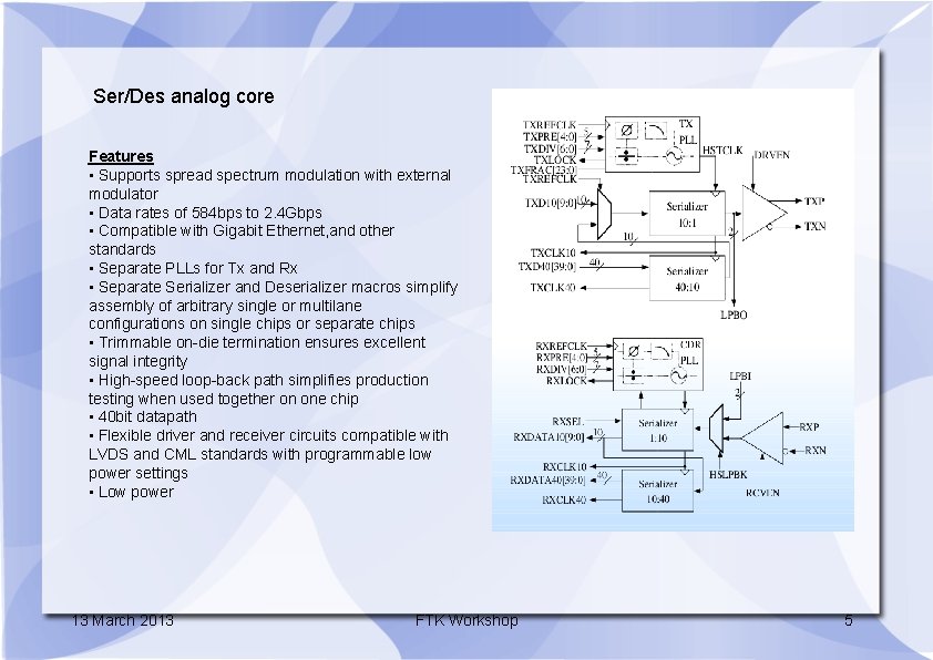 Ser/Des analog core Features • Supports spread spectrum modulation with external modulator • Data