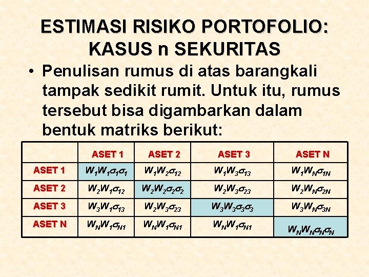 ESTIMASI RISIKO PORTOFOLIO: KASUS n SEKURITAS • Penulisan rumus di atas barangkali tampak sedikit