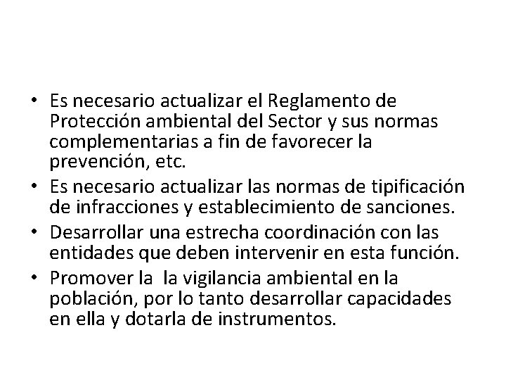  • Es necesario actualizar el Reglamento de Protección ambiental del Sector y sus