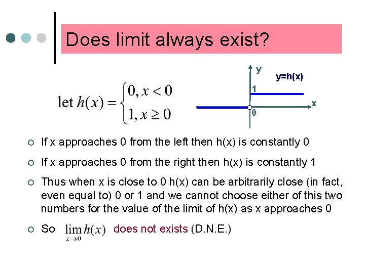 Does limit always exist? y y=h(x) 1 0 x ¢ If x approaches 0