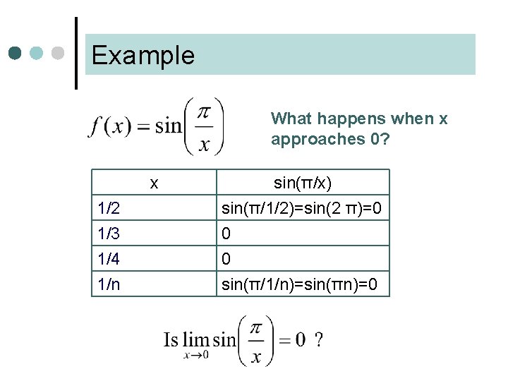 Example What happens when x approaches 0? x 1/2 1/3 1/4 sin(π/x) sin(π/1/2)=sin(2 π)=0