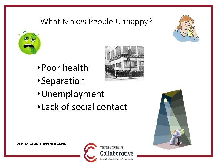 What Makes People Unhappy? • Poor health • Separation • Unemployment • Lack of