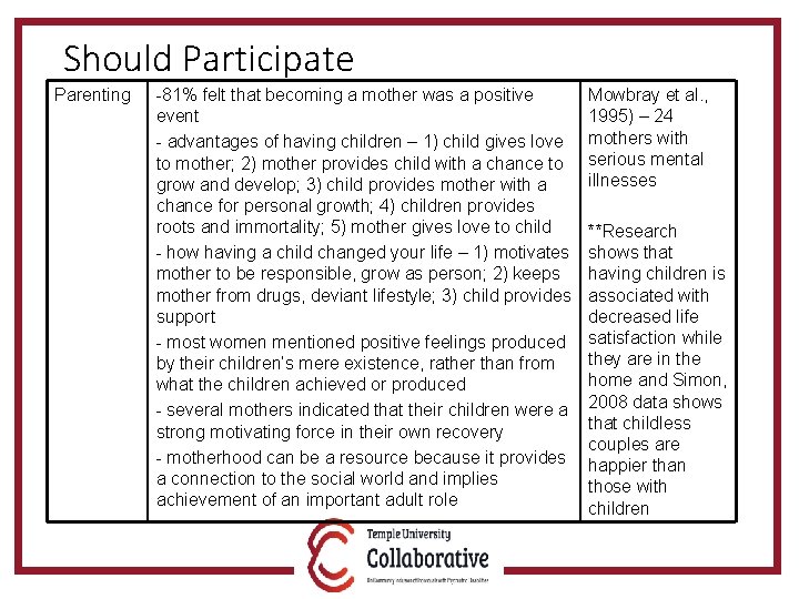 Should Participate Parenting -81% felt that becoming a mother was a positive event -