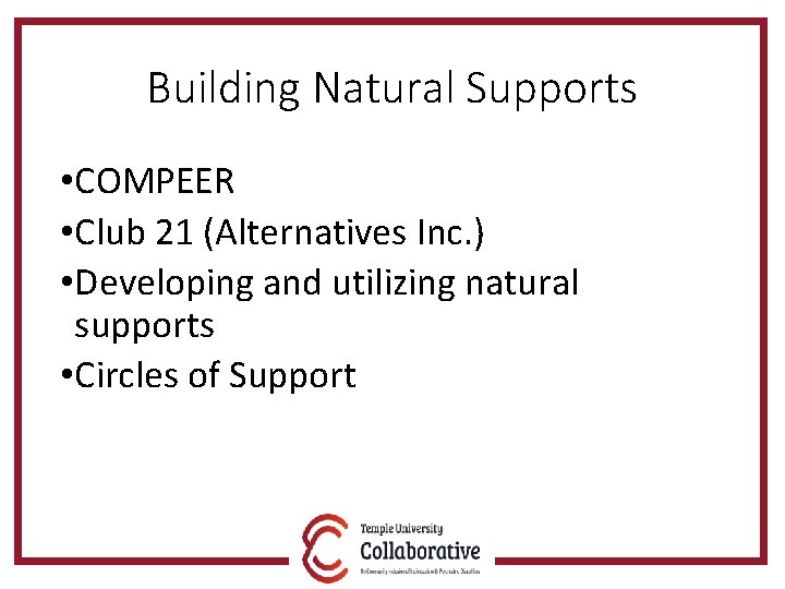 Building Natural Supports • COMPEER • Club 21 (Alternatives Inc. ) • Developing and