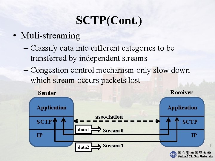 SCTP(Cont. ) • Muli-streaming – Classify data into different categories to be transferred by