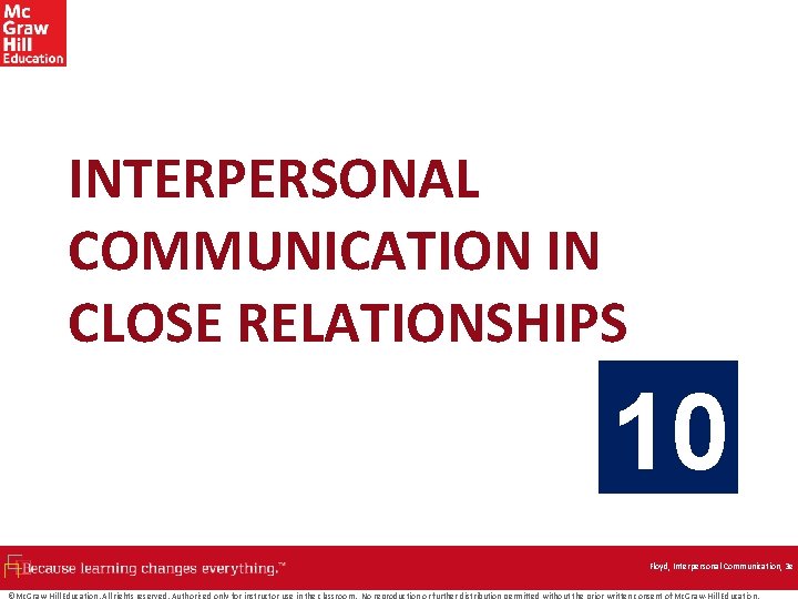 INTERPERSONAL COMMUNICATION IN CLOSE RELATIONSHIPS 10 Floyd, Interpersonal Communication, 3 e ©Mc. Graw-Hill Education.