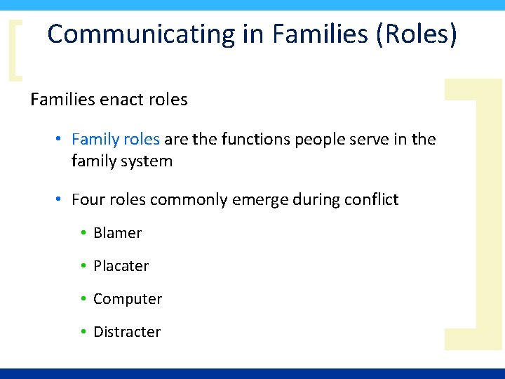 [ Communicating in Families (Roles) Families enact roles • Family roles are the functions