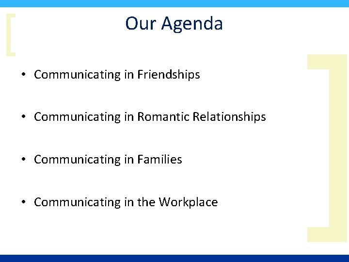 [ Our Agenda • Communicating in Friendships • Communicating in Romantic Relationships • Communicating