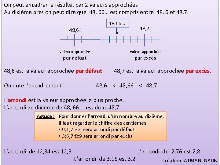 On peut encadrer le résultat par 2 valeurs approchées : Au dixième près on
