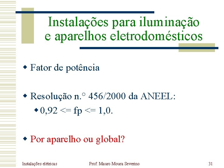 Instalações para iluminação e aparelhos eletrodomésticos w Fator de potência w Resolução n. °