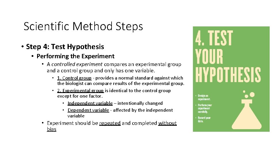 Scientific Method Steps • Step 4: Test Hypothesis • Performing the Experiment • A