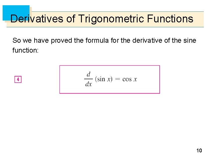 Derivatives of Trigonometric Functions So we have proved the formula for the derivative of