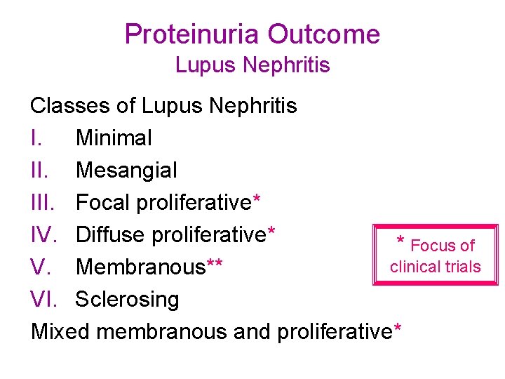 Proteinuria Outcome Lupus Nephritis Classes of Lupus Nephritis