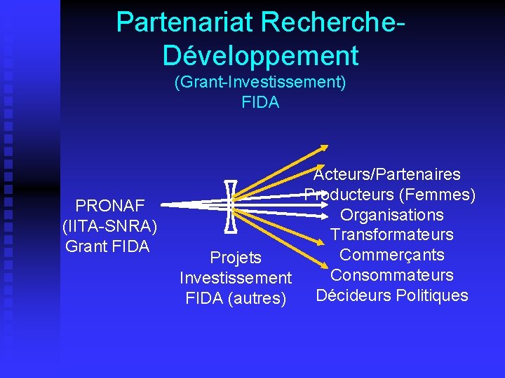 Partenariat Recherche. Développement (Grant-Investissement) FIDA PRONAF (IITA-SNRA) Grant FIDA Acteurs/Partenaires Producteurs (Femmes) Organisations Transformateurs