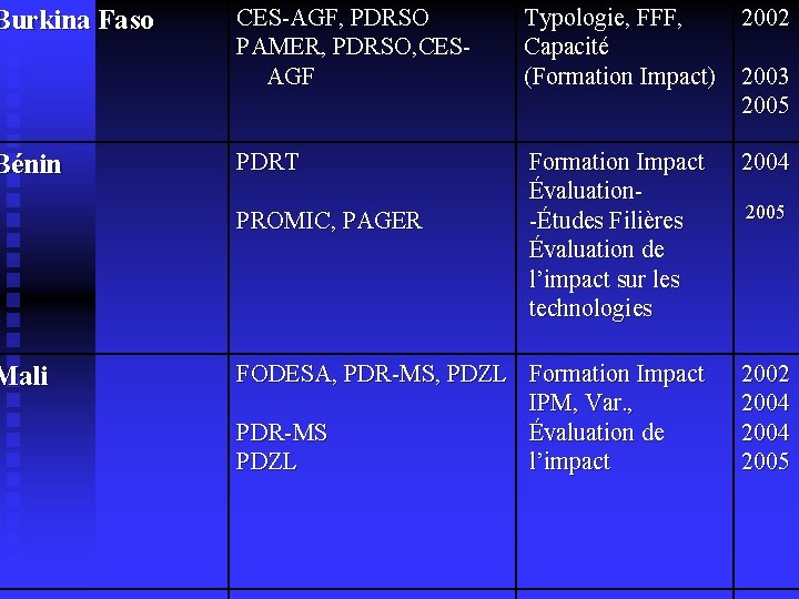 Burkina Faso CES-AGF, PDRSO PAMER, PDRSO, CESAGF Typologie, FFF, 2002 Capacité (Formation Impact) 2003