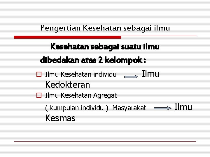 Pengertian Kesehatan sebagai ilmu Kesehatan sebagai suatu ilmu dibedakan atas 2 kelompok : o