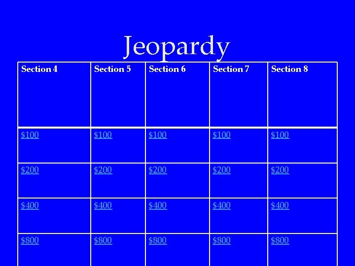 Jeopardy Section 4 Section 5 Section 6 Section 7 Section 8 $100 $100 $200